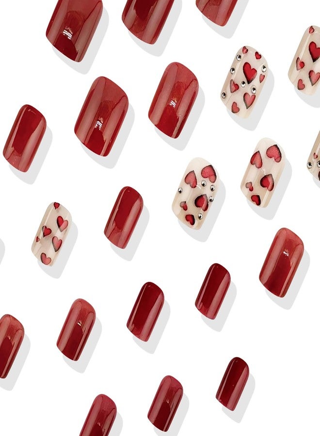 GRITOSE 24Pcs Valentine’s Day Glitter Press on Nails Square Medium Fake Nails with Glue Red Full Cover Nails Press ons Valentines Heart False Nails with Rhinestone Design Artificial Stick on Nail for Women - Image 4